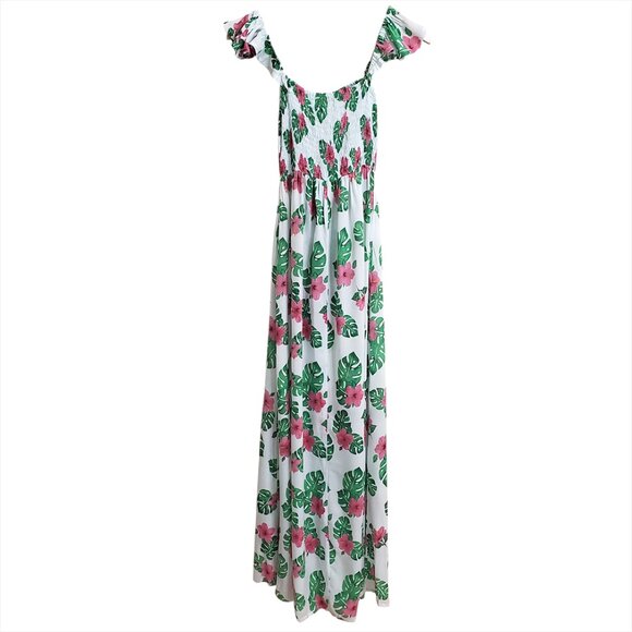 Tiare Hawaii Hollie Maxi Dress OS Tahitian Hibiscus Smocked Slits Vacation Beach - Picture 7 of 15